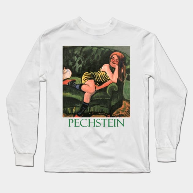 Girl on a Green Sofa with a Cat by Max Pechstein Long Sleeve T-Shirt by Naves